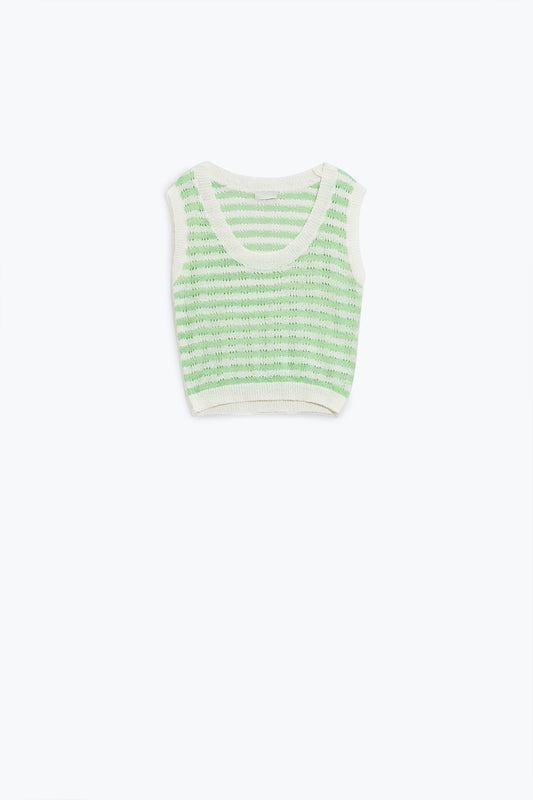 Q2 Maglione aperto a maglia cropped a righe senza maniche in verde e bianco