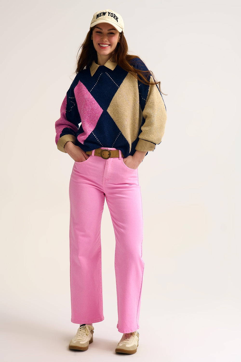 Maglione argyle navy con rombi di colore a contrasto rosa e beige