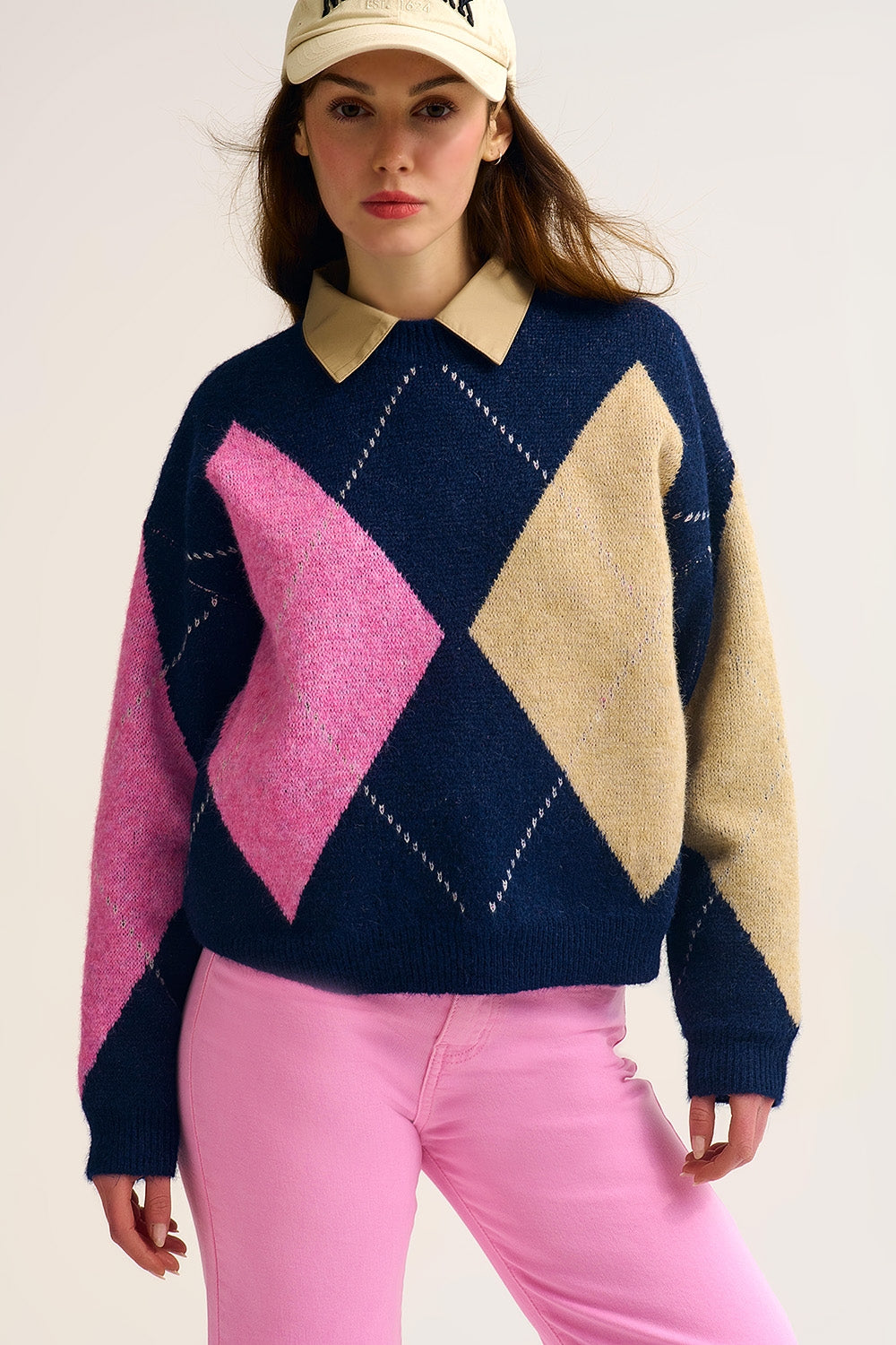 Maglione argyle navy con rombi di colore a contrasto rosa e beige