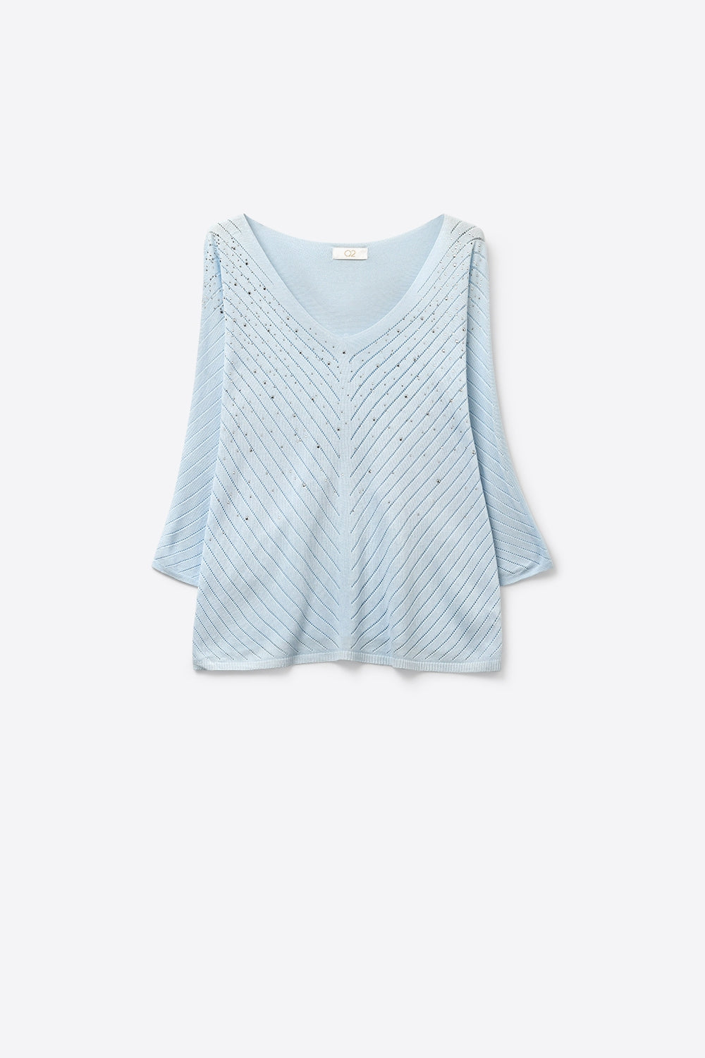 Q2 Maglione azzurro con scollo a V e dettaglio scintillante