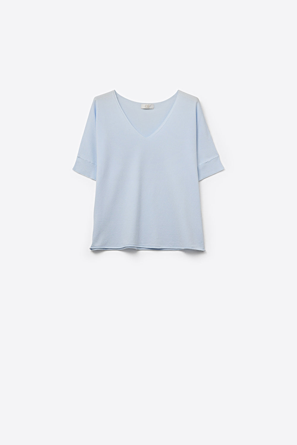 Q2 Maglione azzurro rilassato con scollo a V e maniche corte