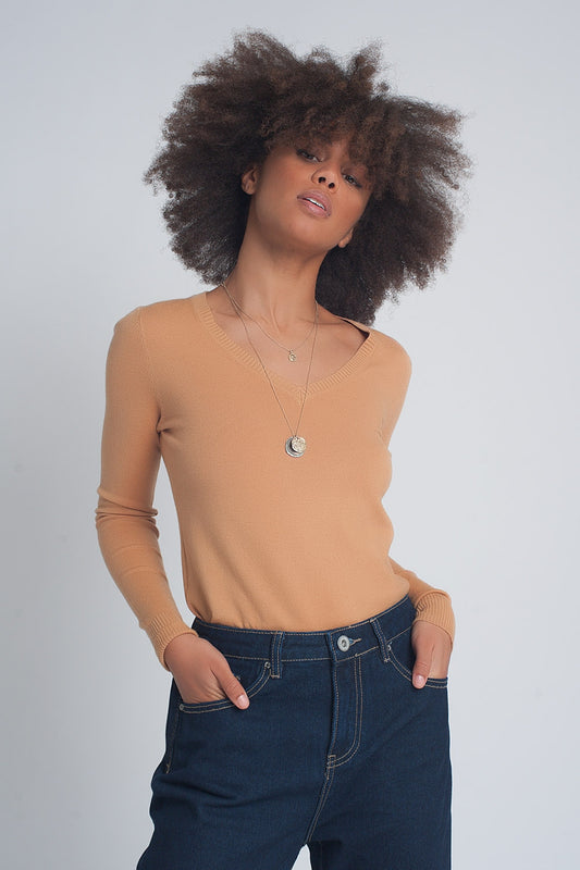 Q2 Maglione basic con scollo a V in cammello