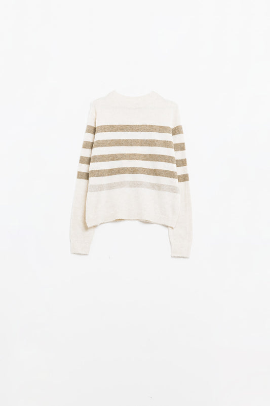 Q2 Maglione beige a maglia morbida con righe cammello