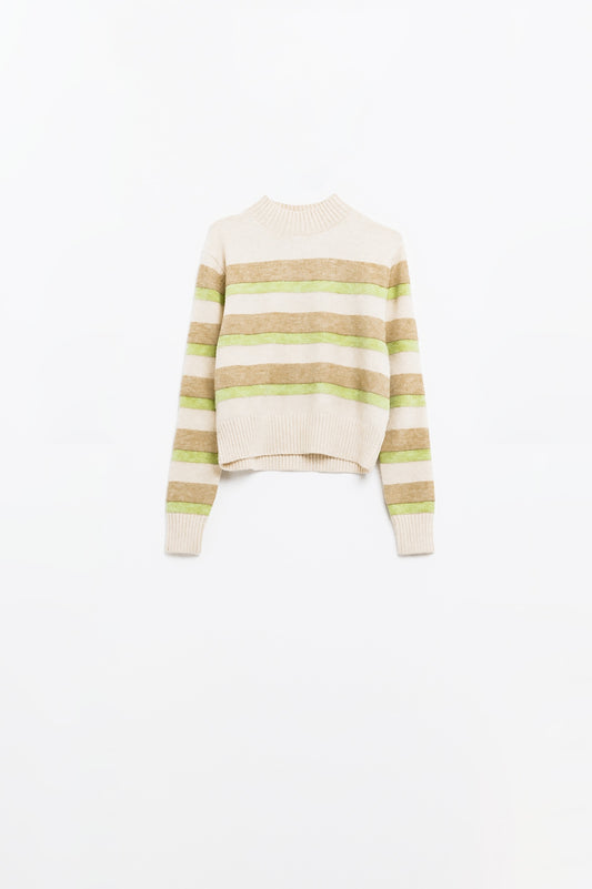 maglione beige a righe verdi e cammello