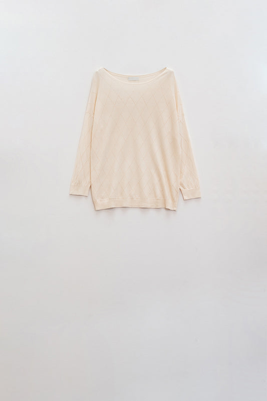 Q2 Maglione beige a rombi con scollo a barca