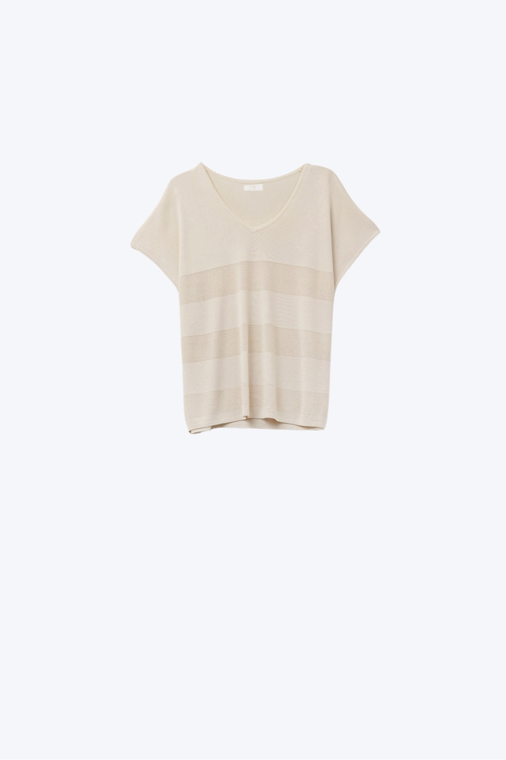 Q2 Maglione beige con scollo a V e dettaglio punto a aperto