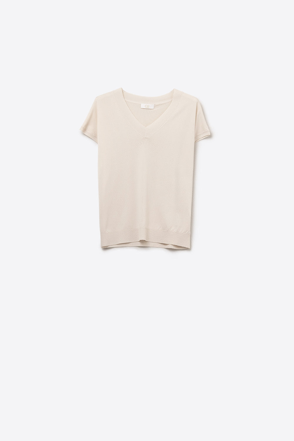 Q2 Maglione Beige in maglia leggera con scollo a V e maniche corte