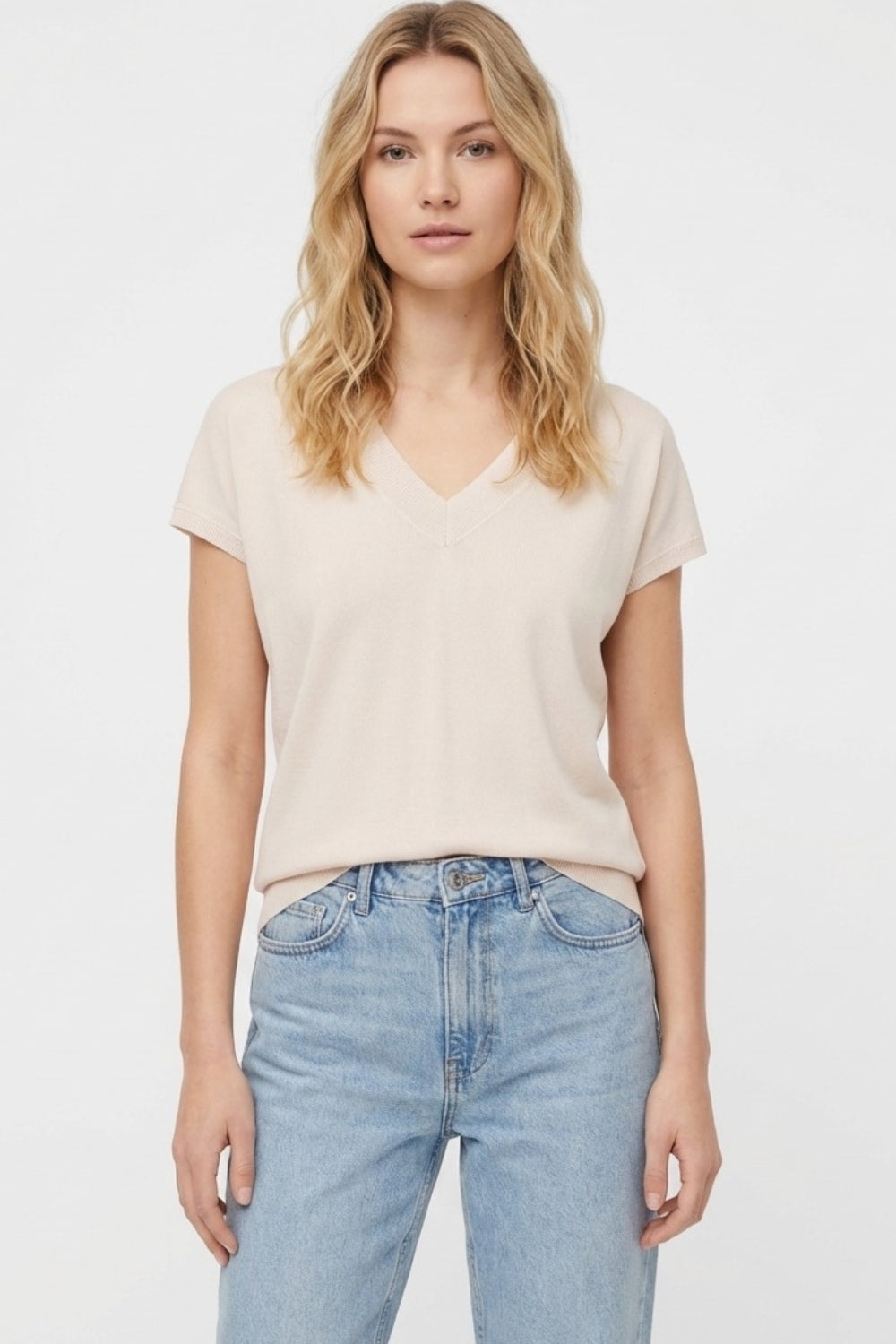 Maglione Beige in maglia leggera con scollo a V e maniche corte