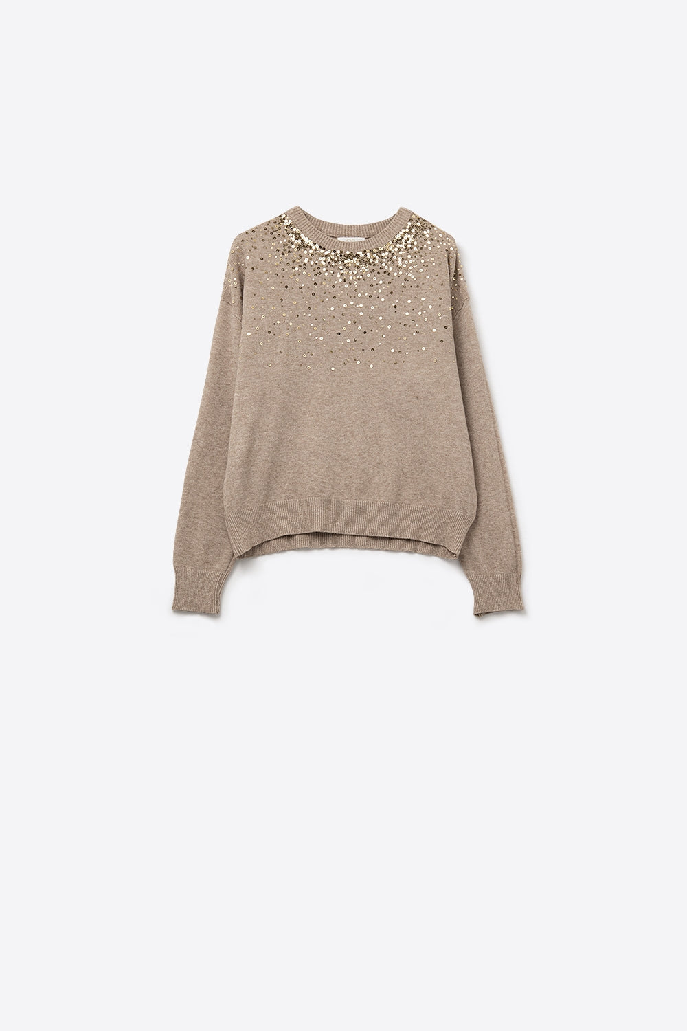 Q2 Maglione beige in maglia morbida impreziosito da paillettes sul davanti