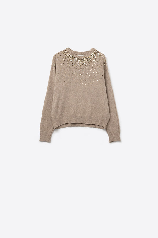 Q2 Maglione beige in maglia morbida impreziosito da paillettes sul davanti