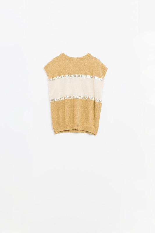 Maglione beige senza maniche con dettagli in paillettes