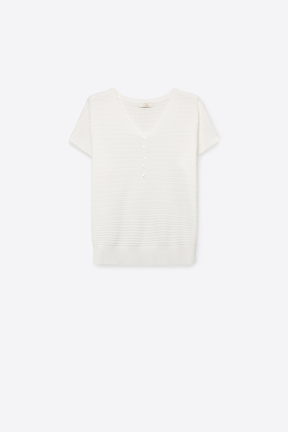 Q2 Maglione bianco a maglia con scollo a V e bottoni sul davanti