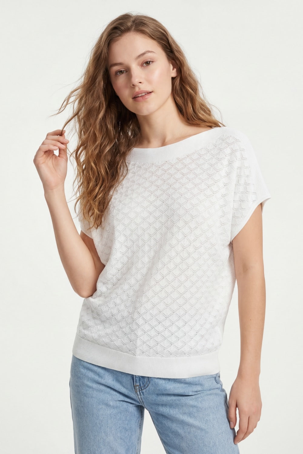 Maglione bianco a maglia strutturata con motivo a rombi