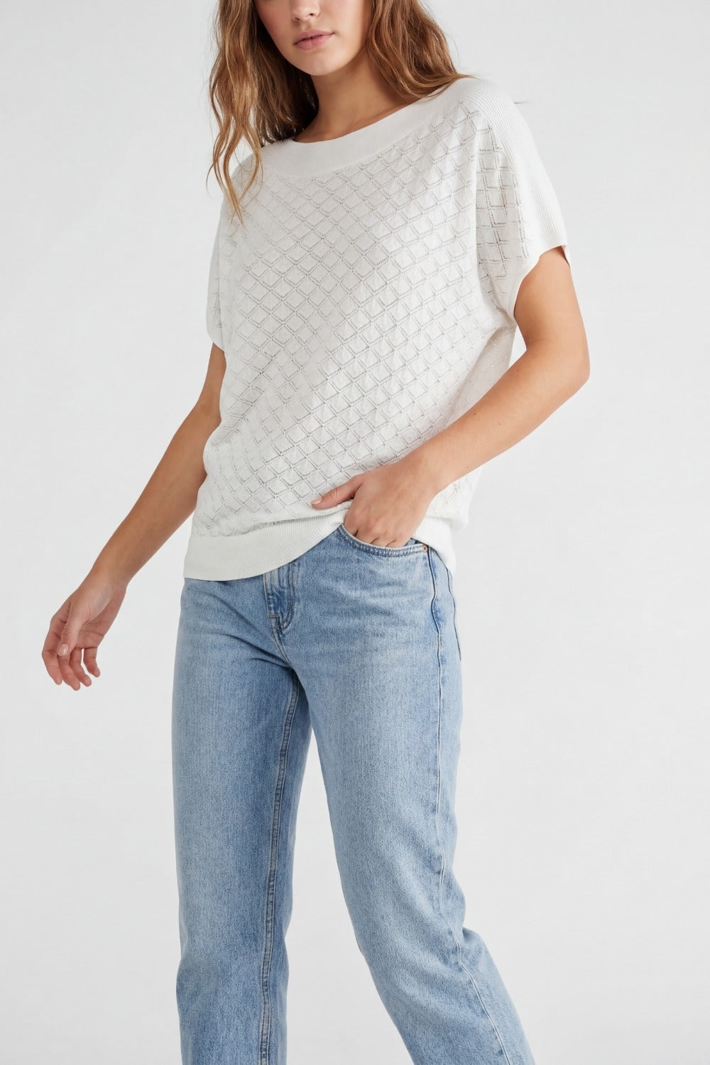 Maglione bianco a maglia strutturata con motivo a rombi