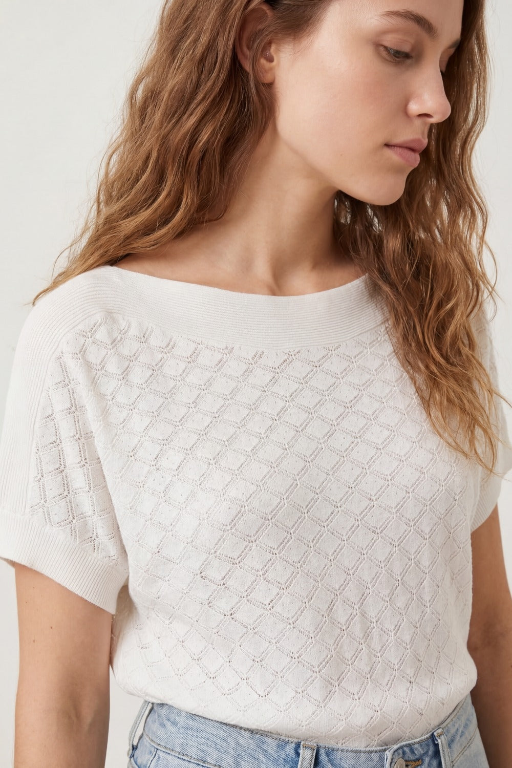Maglione bianco a maglia strutturata con motivo a rombi