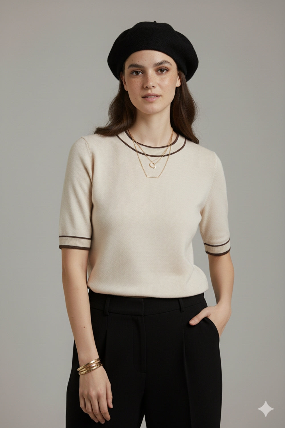 Maglione bianco a maniche corte con dettaglio a righe nere