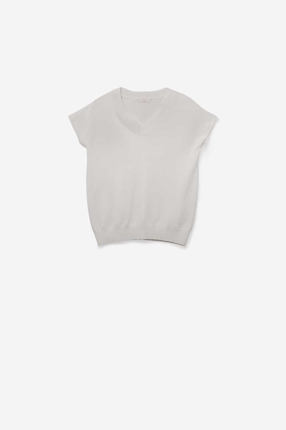 Q2 Maglione bianco in maglia leggera con scollo a V e maniche corte