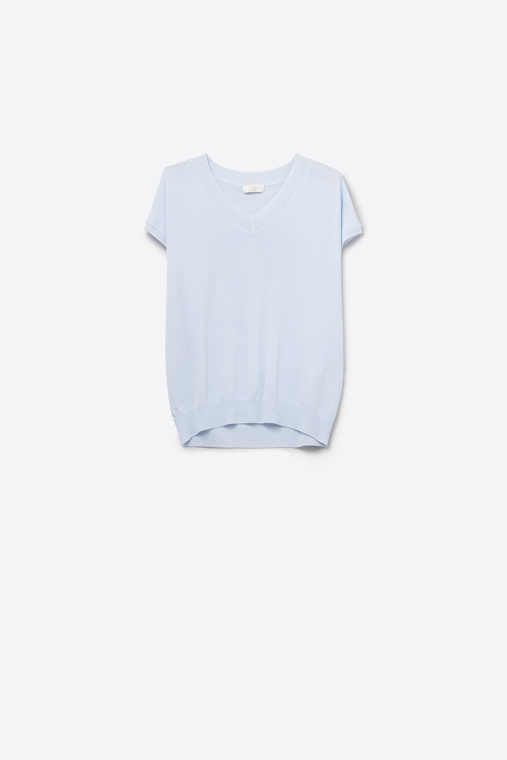 Q2 maglione blu in maglia leggera con scollo a V e maniche corte