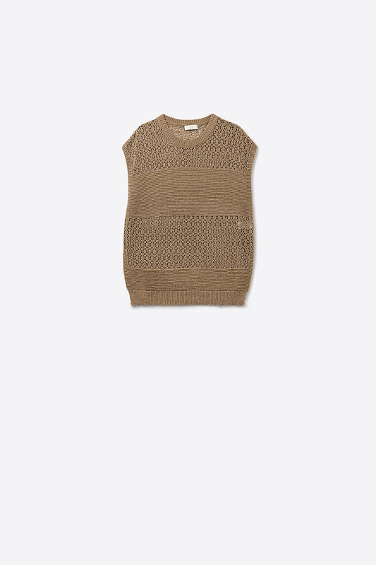 Q2 Maglione cammello con morbida maglia aperta e maniche scese