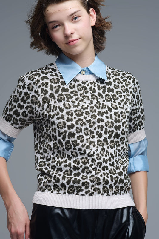 Q2 Maglione chic a maniche corte con stampa leopardata