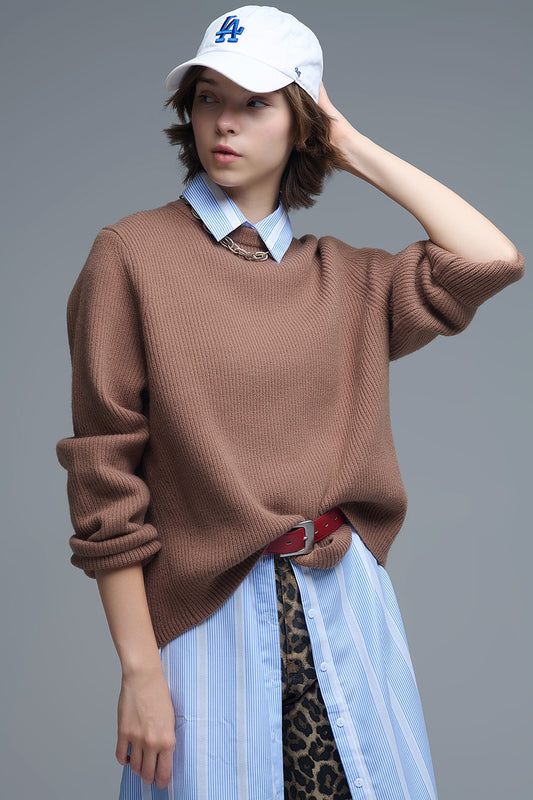 Q2 Maglione comodo a coste in cammello