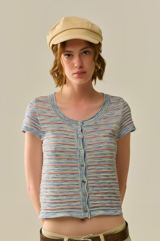Q2 Maglione con bottoni in blu con strisce arancioni