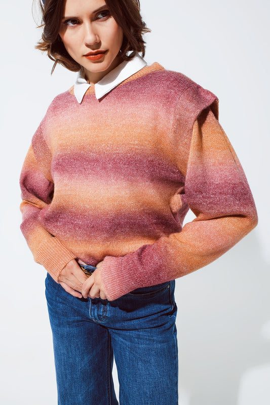 Q2 Maglione con design ombreggiato arancione e rosso con scollo rotondo e dettagli sulle maniche