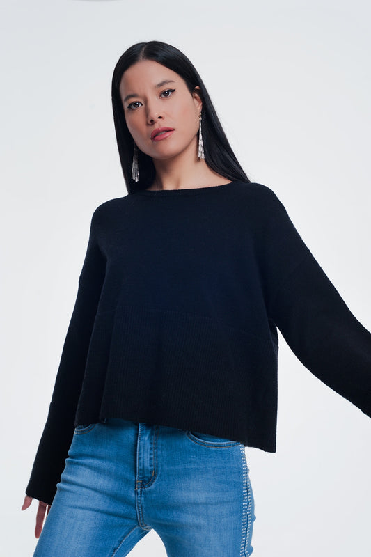 Q2 Maglione con dettaglio a coste sulle maniche in nero