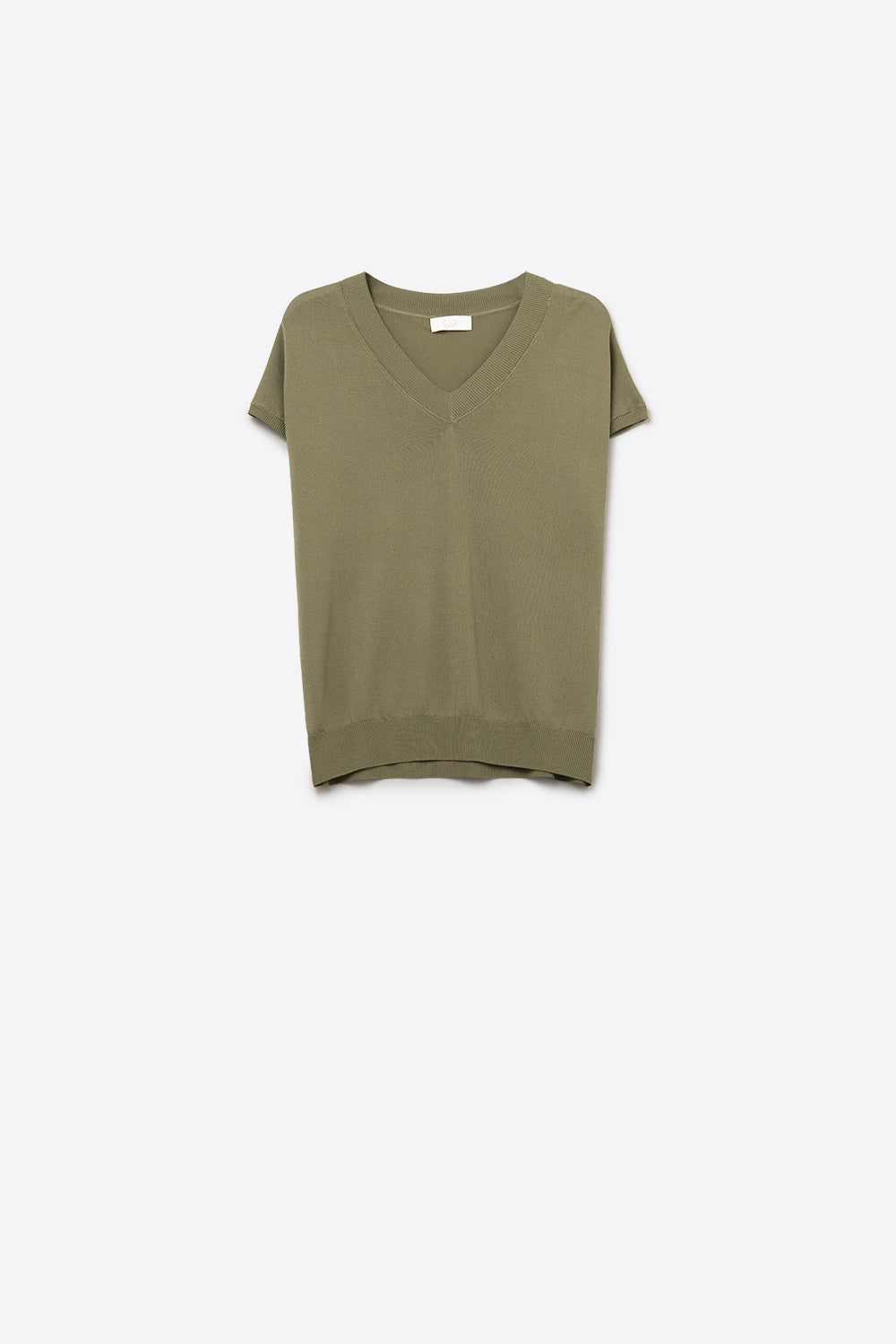 Q2 Maglione con scollo a V e maniche corte in maglia leggera color kaki