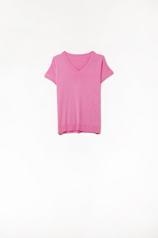 Q2 Maglione con scollo a V in maglia fine Fucsia