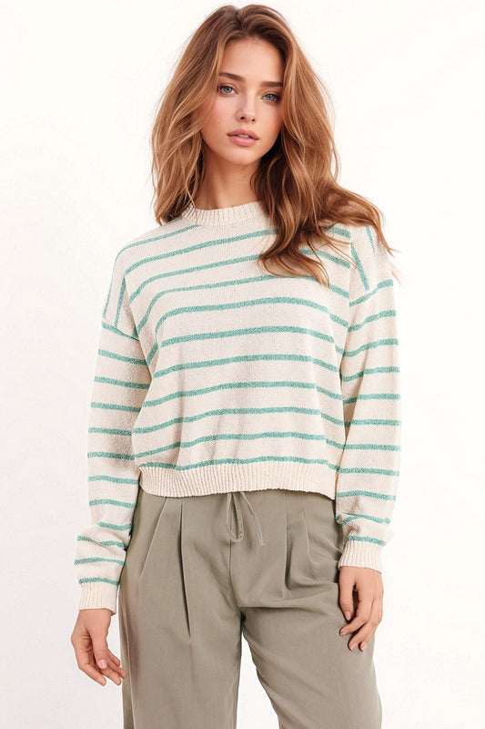 Q2 Maglione con spalle scoperte in bianco e strisce verdi