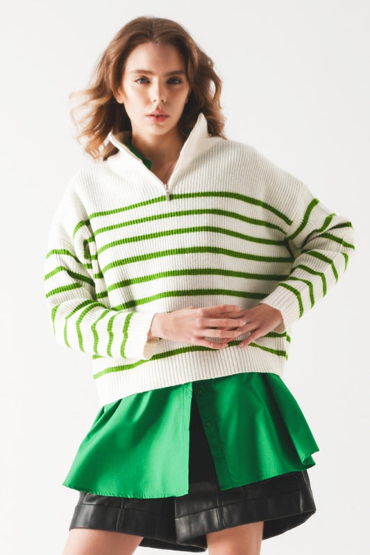 Q2 Maglione con zip a righe con dettaglio sul collo in verde