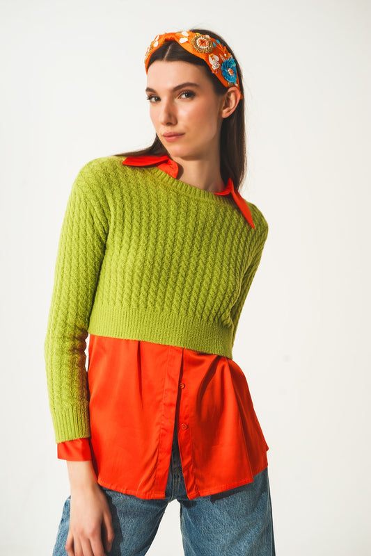 Q2 Maglione corto verde lime con motivo a trecce
