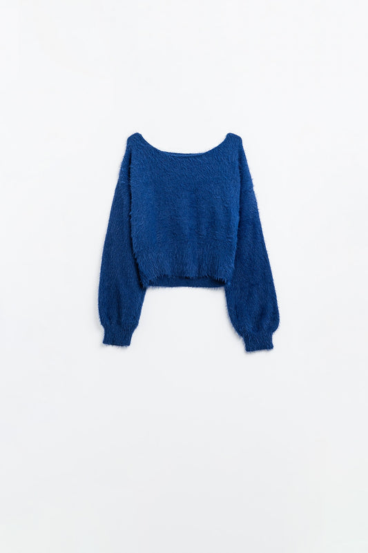 maglione cropped in blu marino aderente in vita