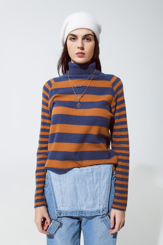 Q2 Maglione dolcevita a righe blu e marrone
