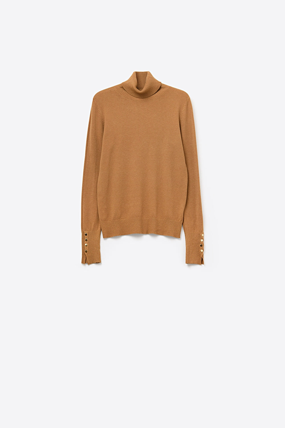 Q2 Maglione dolcevita color cammello con bottoni dorati sul polsino