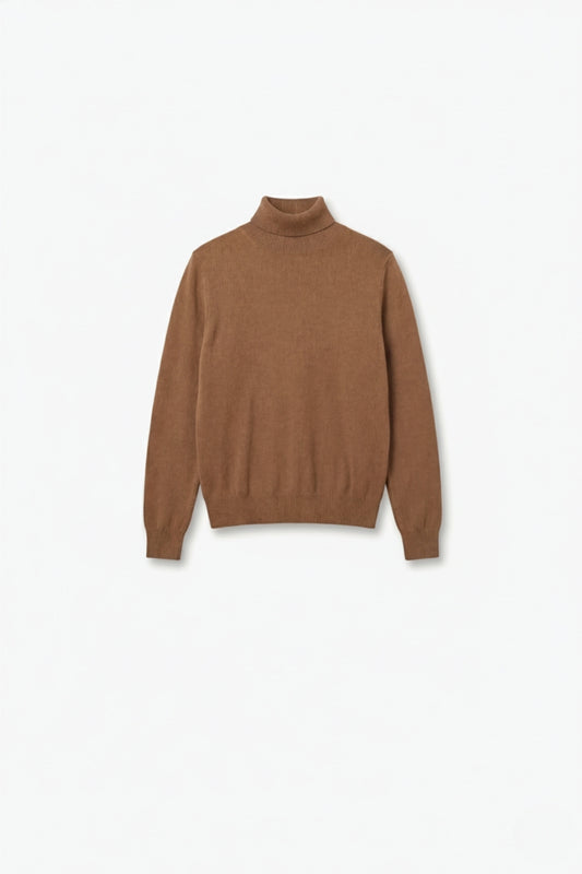 Q2 maglione dolcevita color cammello in maglia di lana merino pregiata