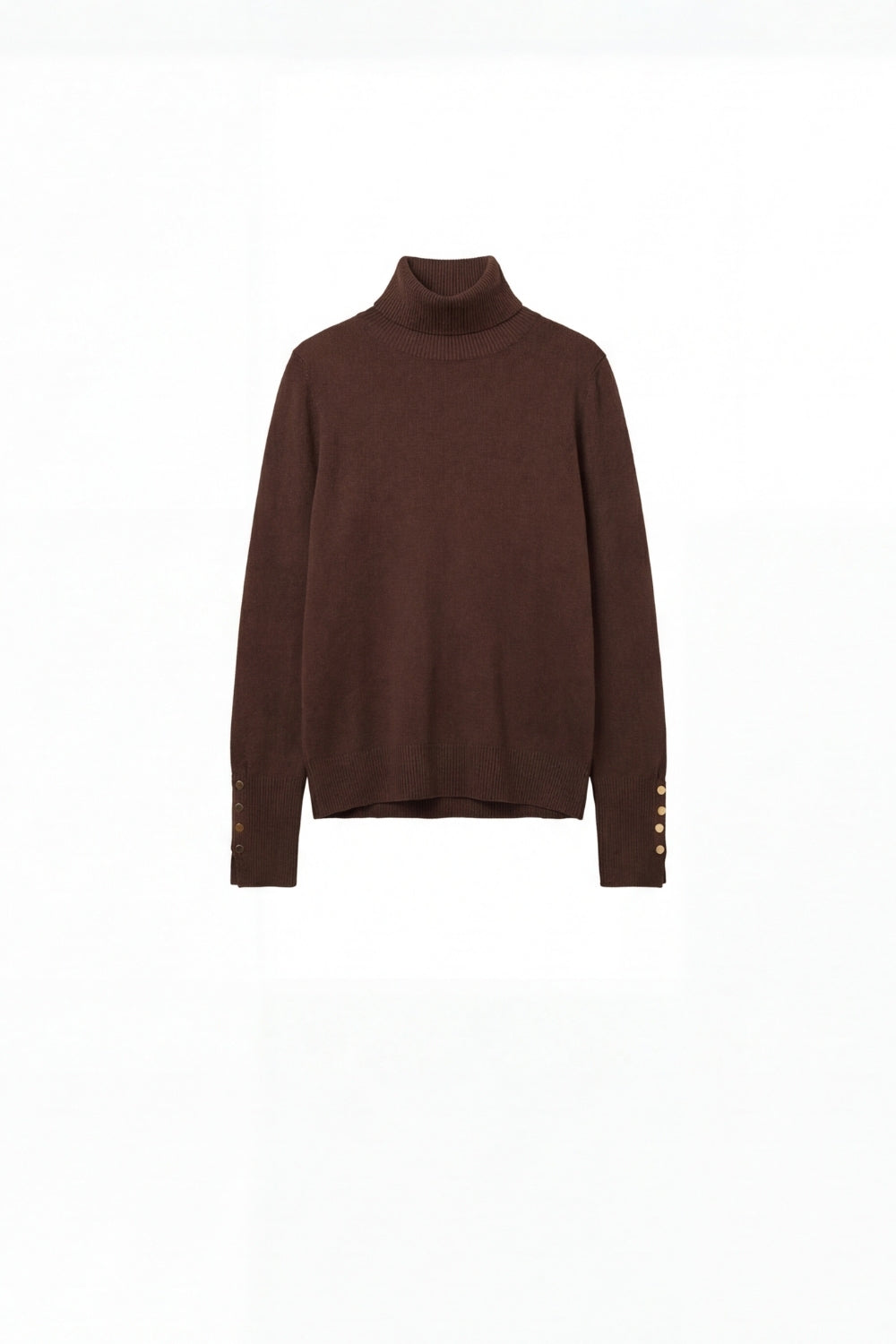 Q2 Maglione dolcevita marrone con bottoni dorati sul polsino