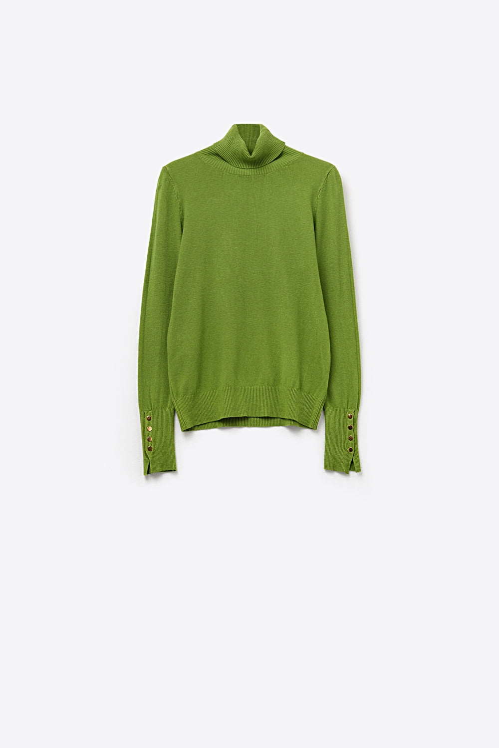 Q2 Maglione dolcevita verde oliva con bottoni dorati sul polsino