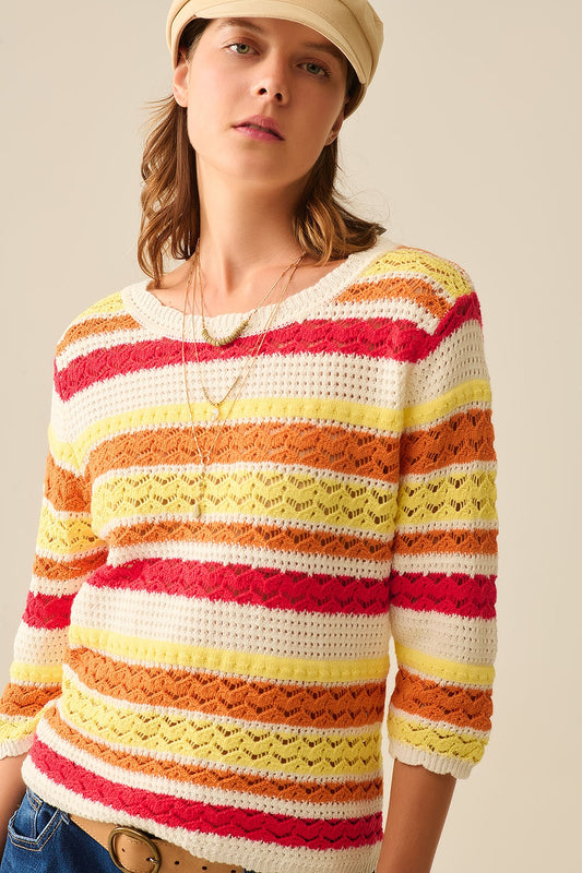 Q2 Maglione estivo a righe in maglia dai toni caldi
