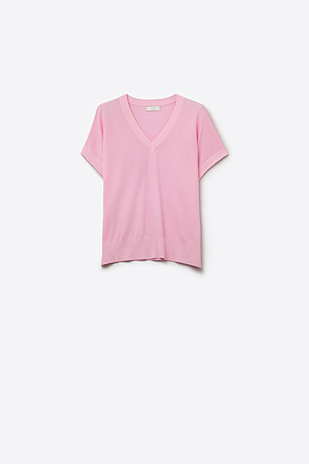 Q2 Maglione fine knit a V con orlo a coste in colore rosa