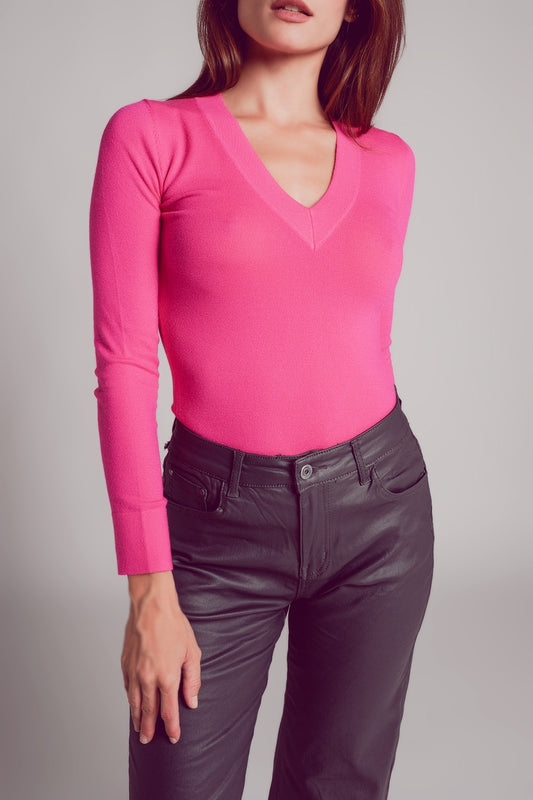 Q2 Maglione fucsia in maglia fine con scollo a V