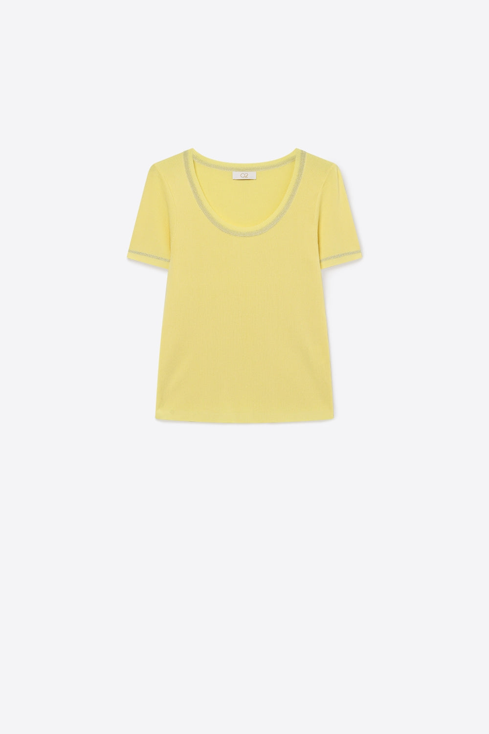 Q2 Maglione giallo a coste con scollo rotondo e finiture in lurex lucido