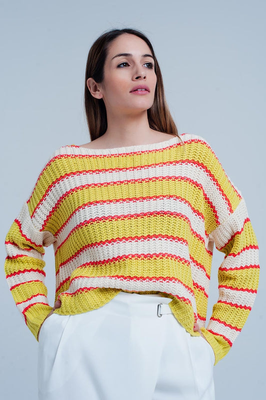 Q2 Maglione Giallo a righe con collo ampio