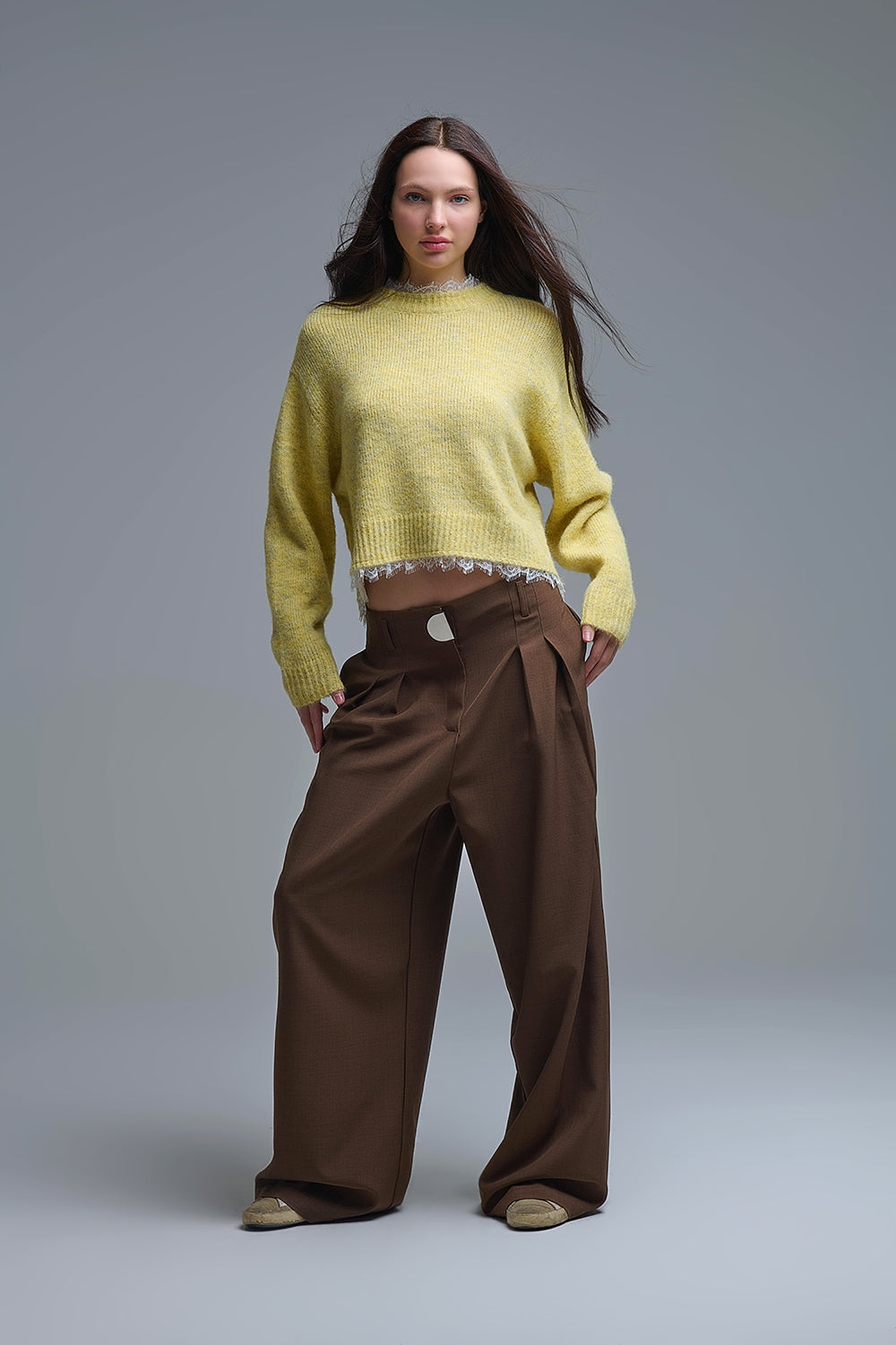 Maglione giallo rilassato con dettaglio in pizzo