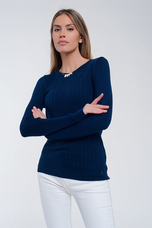Q2 Maglione girocollo a coste color marina