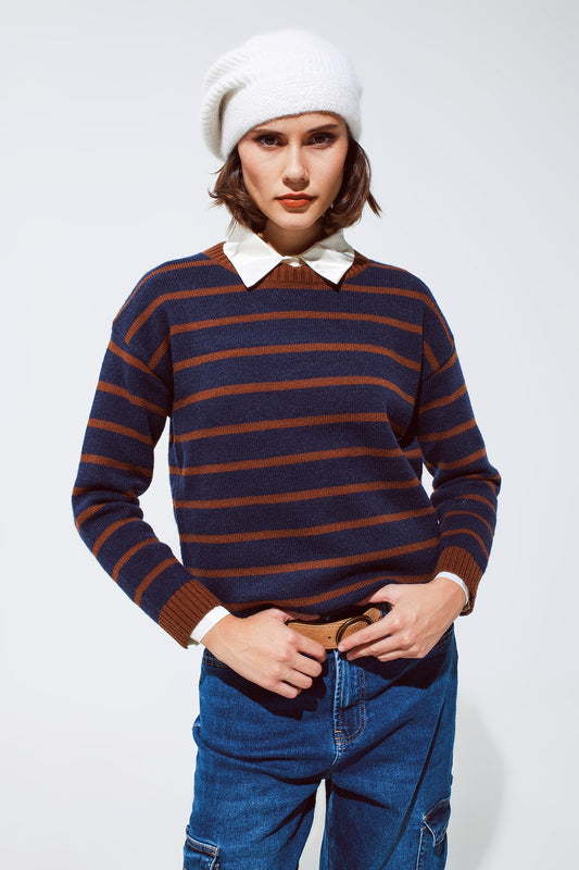 Q2 Maglione girocollo a righe in blu e arancio ruggine