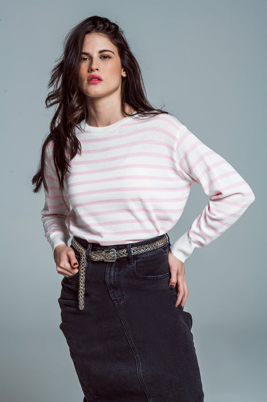 Q2 Maglione girocollo Basic Stripe in rosa
