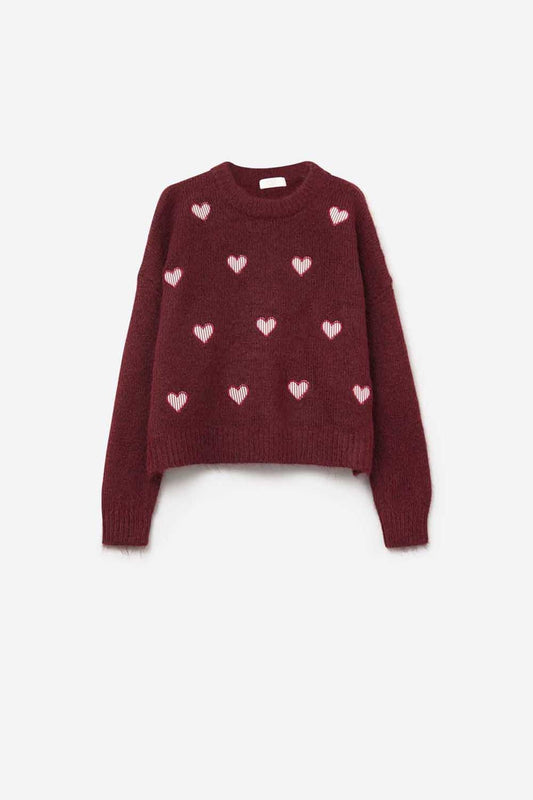 Maglione girocollo bordeaux con cuori a righe