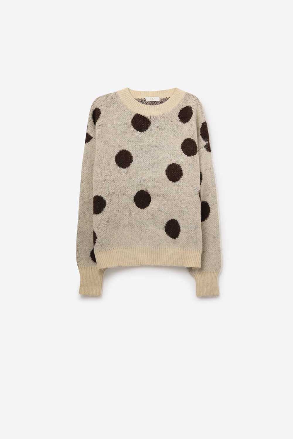Maglione girocollo crema con pois marroni